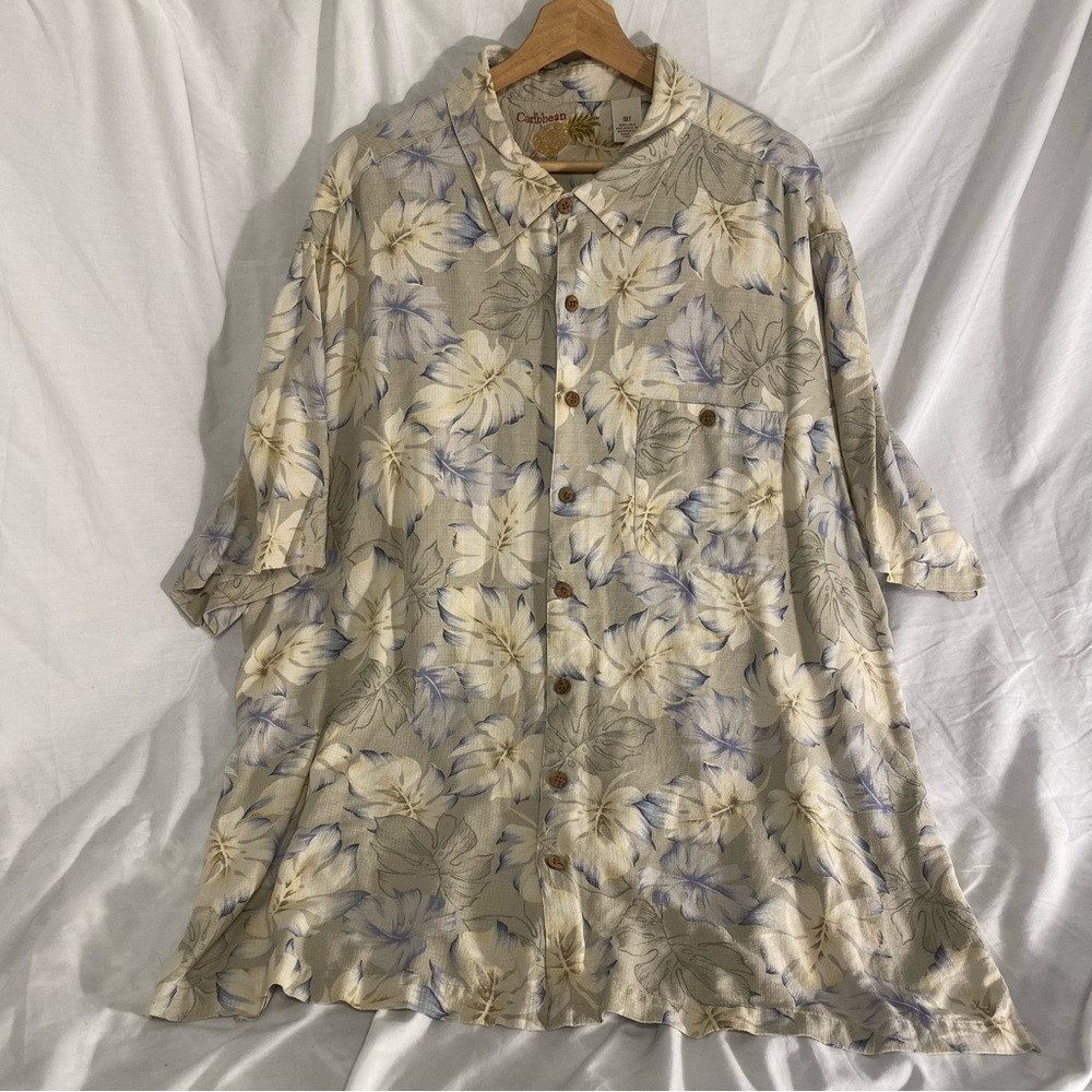 Caribbean Men's Silk Floral Button Down Shirt - Cream and Blue